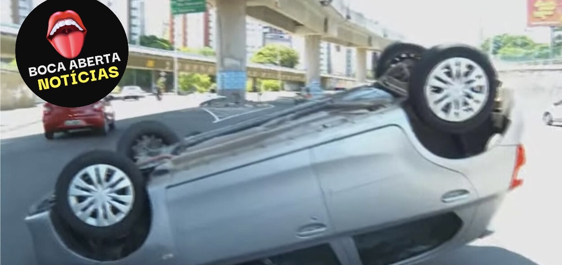 Carro capota na Bonocô após roubo; bandidos fugiram do local